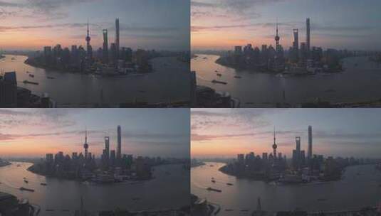 上海浦东陆家嘴黄浦江东方明珠朝霞日出航拍高清在线视频素材下载