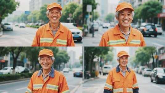 街道上微笑的环卫工人高清在线视频素材下载