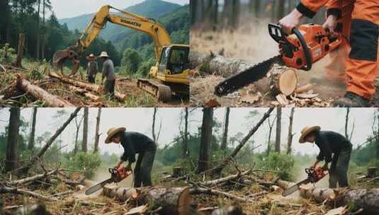 伐木工人操作机械切割木材过程高清在线视频素材下载