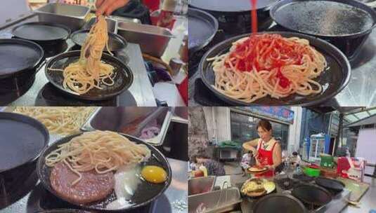 烤牛排意大利面街头美食小吃高清在线视频素材下载