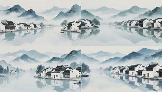 水墨山水古风中式村落风景高清在线视频素材下载