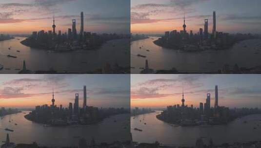 上海浦东陆家嘴黄浦江东方明珠朝霞日出航拍高清在线视频素材下载