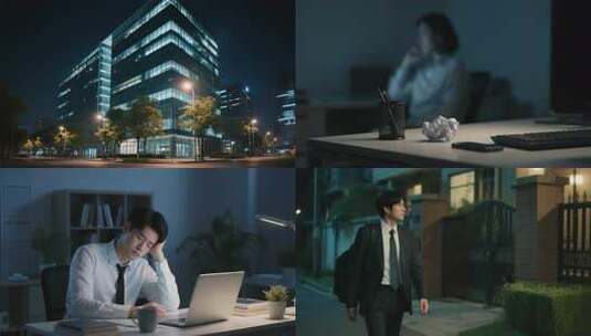 深夜办公室加班的职场人加班熬夜通宵工作高清在线视频素材下载