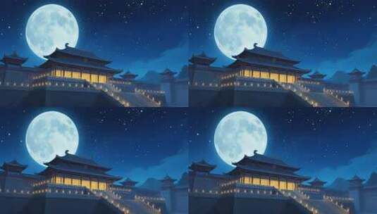 古风月夜下的中式建筑场景高清在线视频素材下载