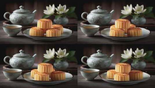 中秋月饼与茶的温馨静谧氛围高清在线视频素材下载