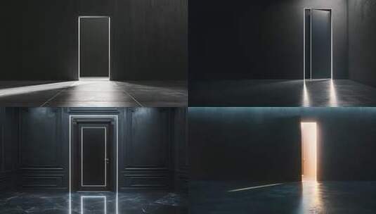 黑暗房间开启发光门极简未来光线门高级感高清在线视频素材下载
