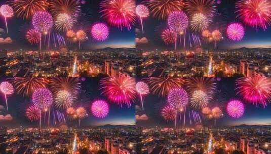 城市夜空绽放绚丽烟花高清在线视频素材下载