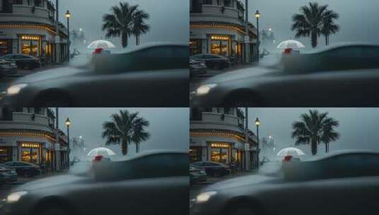 立秋雨天行人撑伞过马路城市街拍视频高清在线视频素材下载