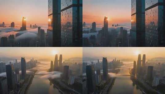 重庆城市日出航拍高楼云海景观高清在线视频素材下载