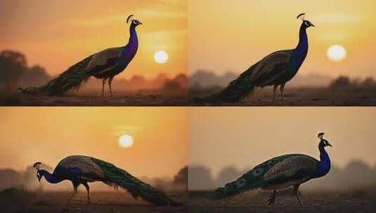 夕阳下行走的孔雀高清在线视频素材下载
