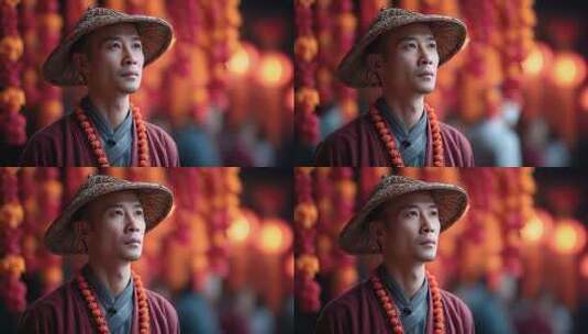 东方男子身着传统服饰眺望远方高清在线视频素材下载