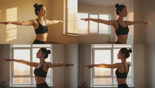 室内女性伸展健身动作高清在线视频素材下载