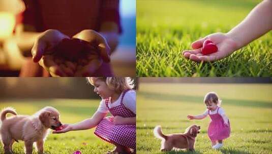 小女孩与小狗的爱心互动高清在线视频素材下载