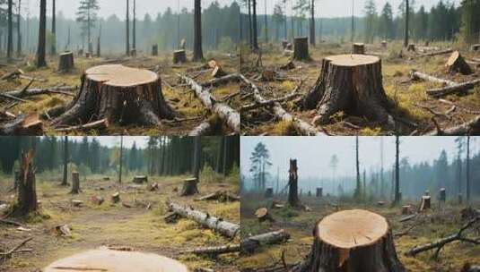 森林砍伐后的树桩与树林景象高清在线视频素材下载