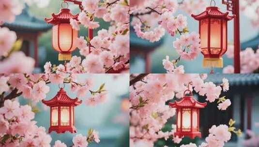 樱花枝上的红色灯笼高清在线视频素材下载