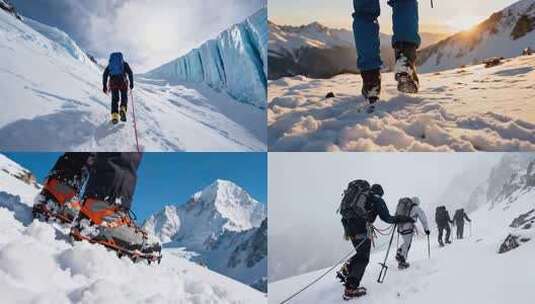 雪地徒步者背影与雪山日落高清在线视频素材下载