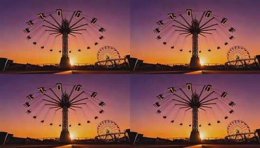 日落时分游乐场旋转飞椅画面高清在线视频素材下载