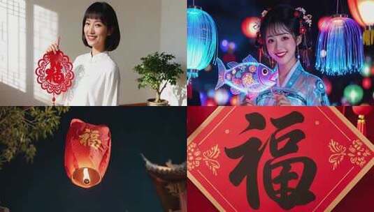 古装女子手持福鱼灯笼高清在线视频素材下载