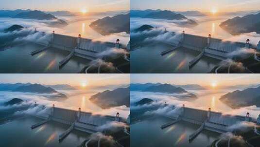 航拍云雾缭绕下的长江三峡大坝日出壮丽延时高清在线视频素材下载