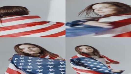 举着美国国旗的女人竖屏高清在线视频素材下载