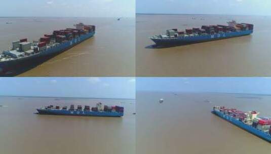 航拍上海长江口万吨轮高清在线视频素材下载