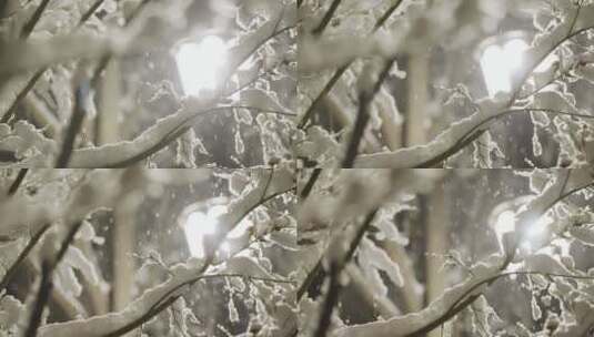 小区下雪夜景唯美飘雪高清在线视频素材下载