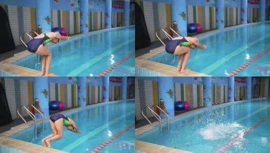 在泳池练习跳水出发游泳的中国女孩高清在线视频素材下载