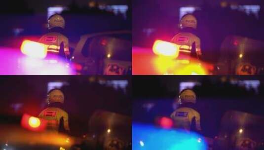 夜晚闪烁的警灯下交通警察在路口执勤高清在线视频素材下载