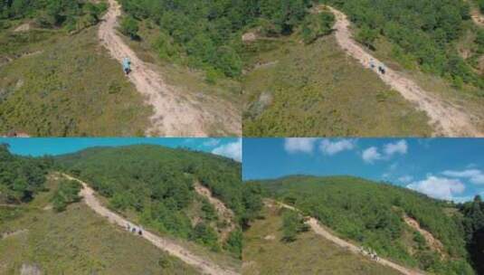 地勘测绘队员翻山越岭地质勘探测量远景高清在线视频素材下载