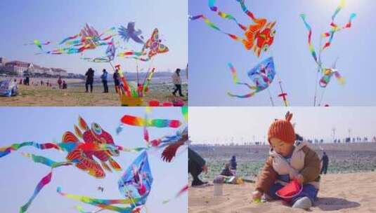 4K春天海边风筝，孩子玩耍高清在线视频素材下载