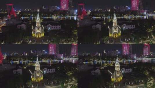 宁波三江口江北天主教堂夜景高清在线视频素材下载