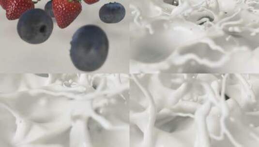 草莓蓝莓落入牛奶中的慢镜头高清在线视频素材下载