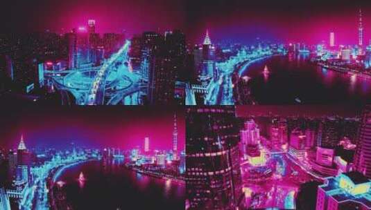 赛博朋克上海夜景航拍高清在线视频素材下载