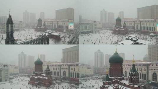 哈尔滨圣索菲亚教堂下雪航拍高清在线视频素材下载