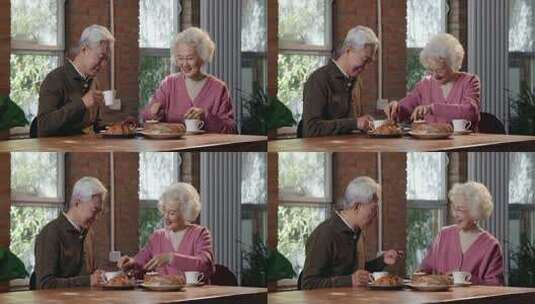老年夫妇吃早餐高清在线视频素材下载