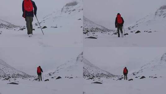 攀登岷山山脉主峰雪宝顶的登山者徒步进山高清在线视频素材下载