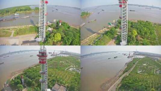 航拍长江扬州六圩灯塔公园轮船货轮高清在线视频素材下载