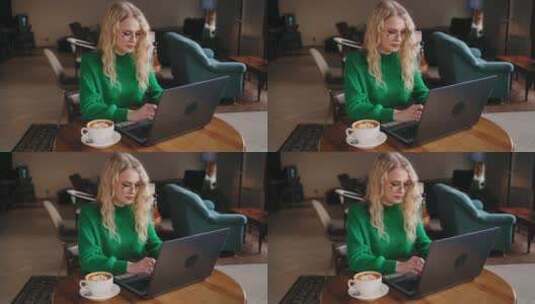 通过互联网远程工作的女人咖啡馆自由职业者的肖像女士在笔记本电脑上打字高清在线视频素材下载