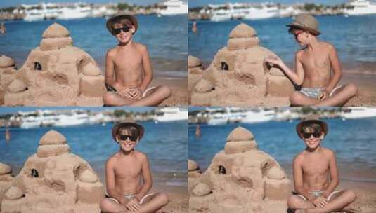 快乐晒黑的青少年男孩孩子在海滨海岸线海滩与沙城堡摆姿势享受童年高清在线视频素材下载