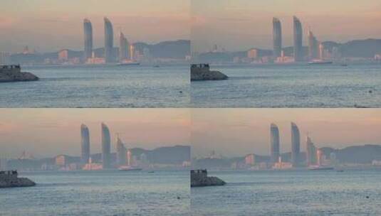 日落十分的福建厦门海岸线城市风光高清在线视频素材下载