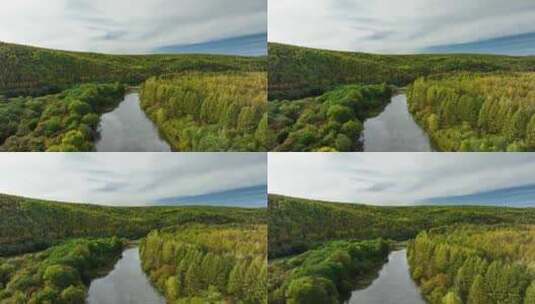 北纬50°冻土森林与河流秋景高清在线视频素材下载