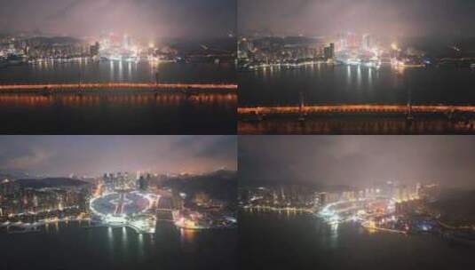 大连跨海大桥大气航拍 城市雪景航拍高清在线视频素材下载