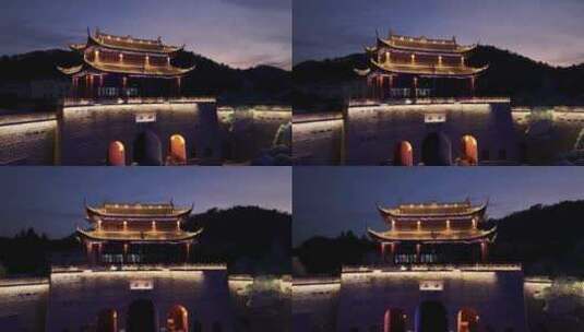 新昌大佛寺石城城墙阁楼夜景航拍高清在线视频素材下载