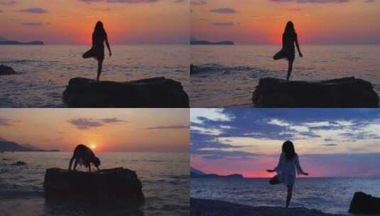 女人海边夕阳剪影高清在线视频素材下载