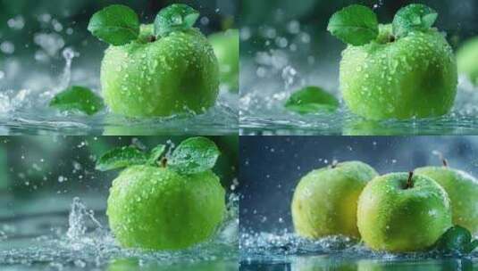青苹果新鲜食物绿色水果广告苹果落水素食高清在线视频素材下载