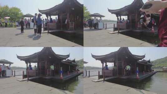 杭州西湖游客排队上游船高清在线视频素材下载