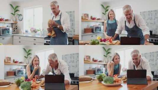 老夫妇，烹饪和平板电脑或蔬菜在厨房在线食高清在线视频素材下载