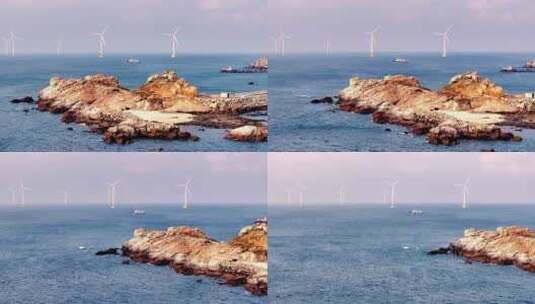 4K素材海上风力发电 礁石海浪 岛屿高清在线视频素材下载