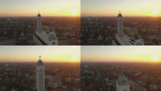 立陶宛考纳斯教堂的无人机鸟瞰图高清在线视频素材下载