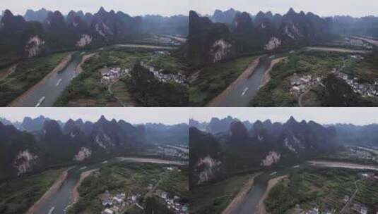 桂林山水烟雨漓江兴坪古镇航拍4K高清在线视频素材下载